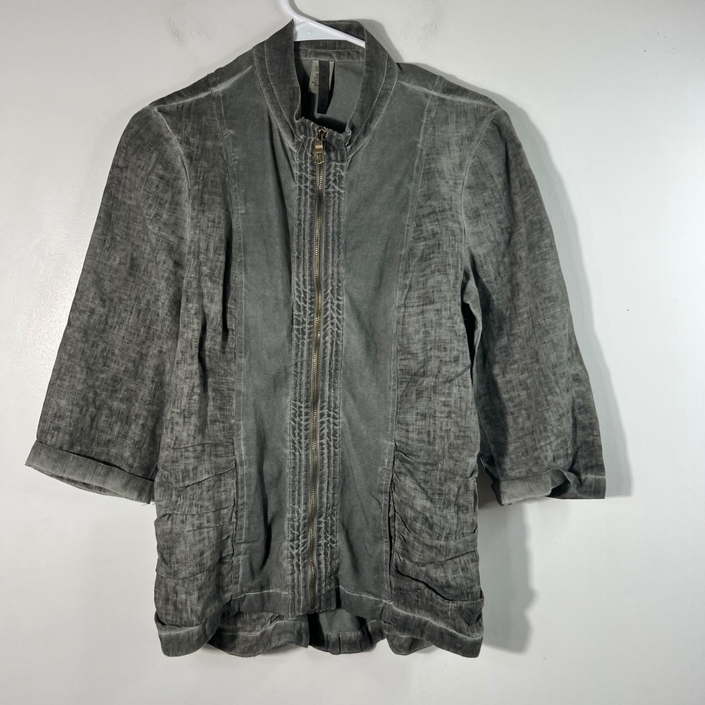 XCVI Womens Gray Ruched Zip Front Linen Blend Jacket 3/4 Sleeve Size M Washed